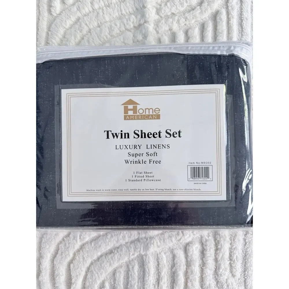 Home American Luxury Linen Twin Size Sheet Set blue/gray denim New
